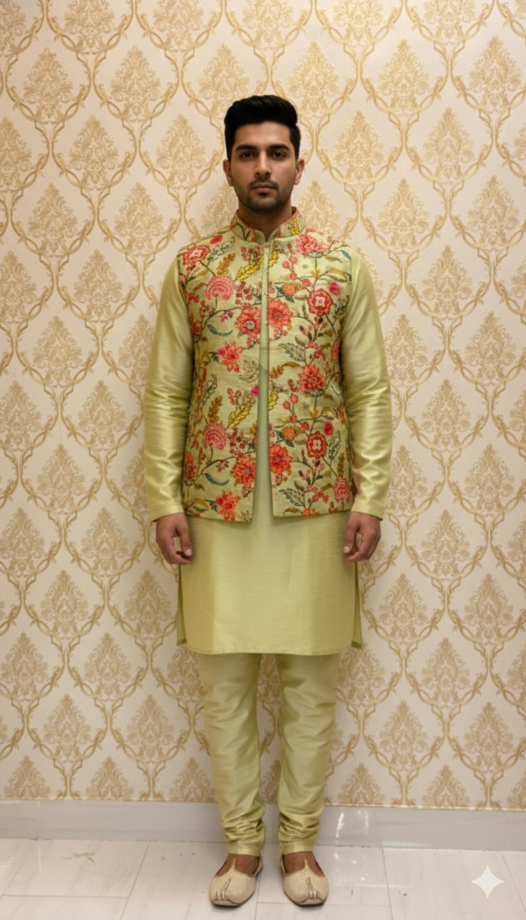 Pistachio Green Kurta &amp; Floral Jacket Set