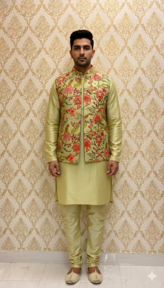 Pistachio Green Kurta & Floral Jacket Set