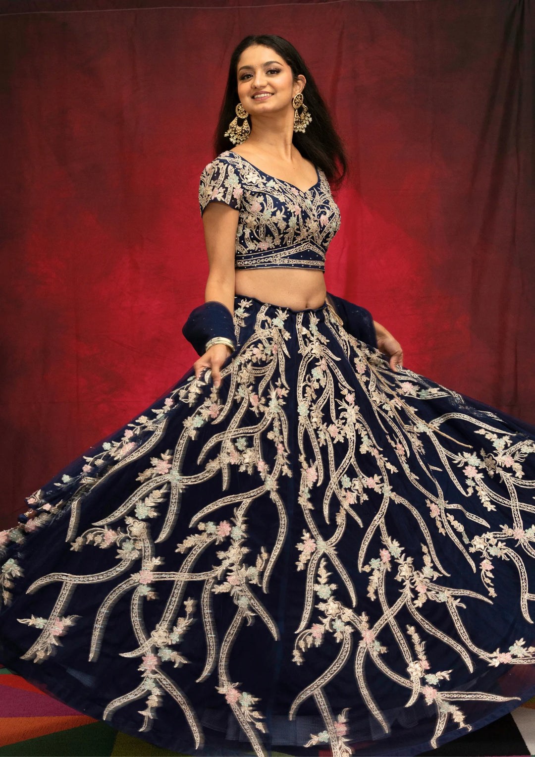 Ishika – Midnight Blossom Embroidered Lehenga