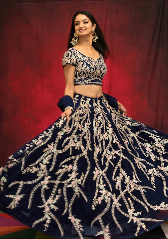 Ishika – Midnight Blossom Embroidered Lehenga