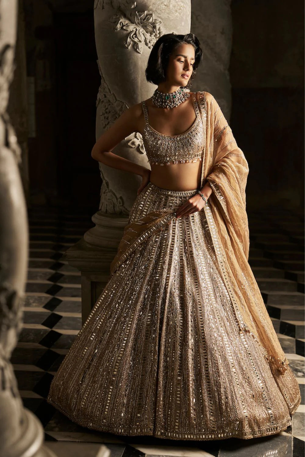 Seema Gujral - Gold Mirror Work Lehenga Set