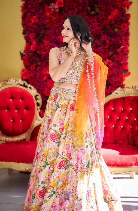Tia – Sunrise Blossom Hand-Painted Lehenga