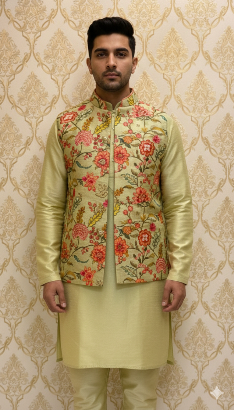 Pistachio Green Kurta &amp; Floral Jacket Set
