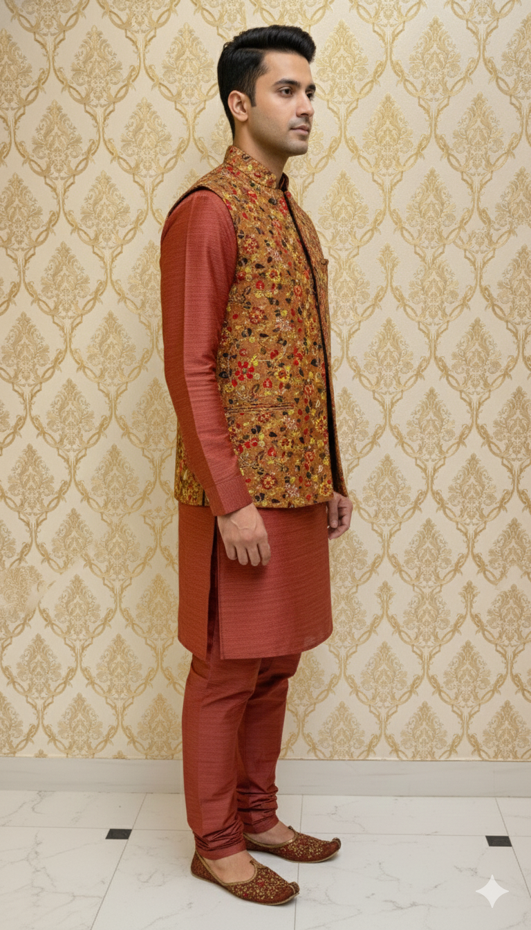 Rust Floral Sherwani With Jacket