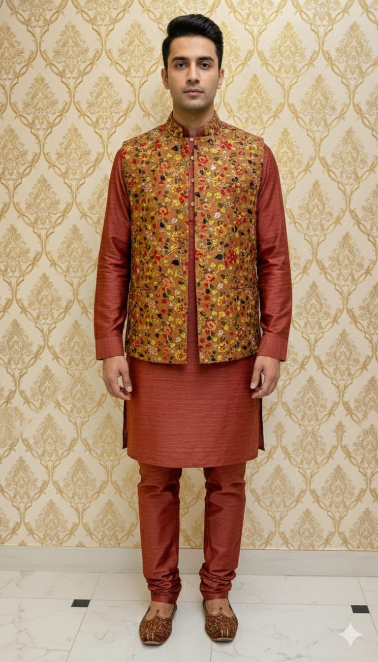 Rust Floral Sherwani With Jacket