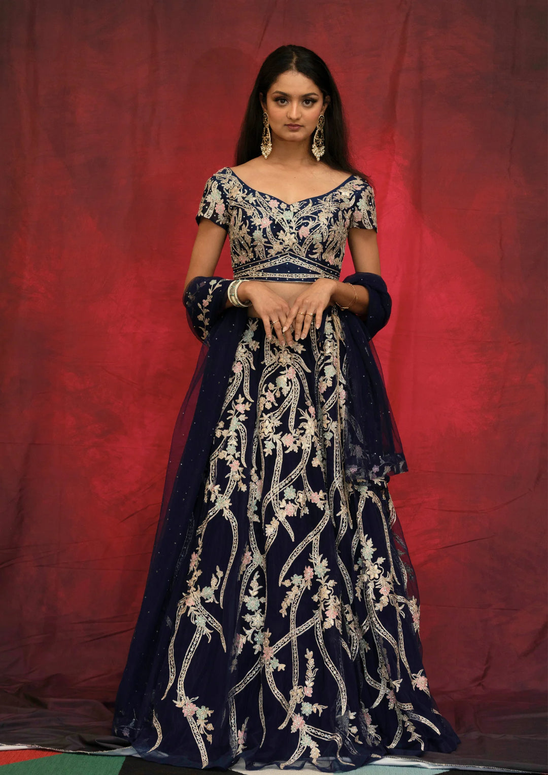 Ishika – Midnight Blossom Embroidered Lehenga
