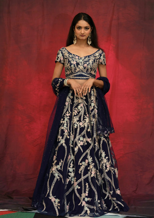 Ishika – Midnight Blossom Embroidered Lehenga