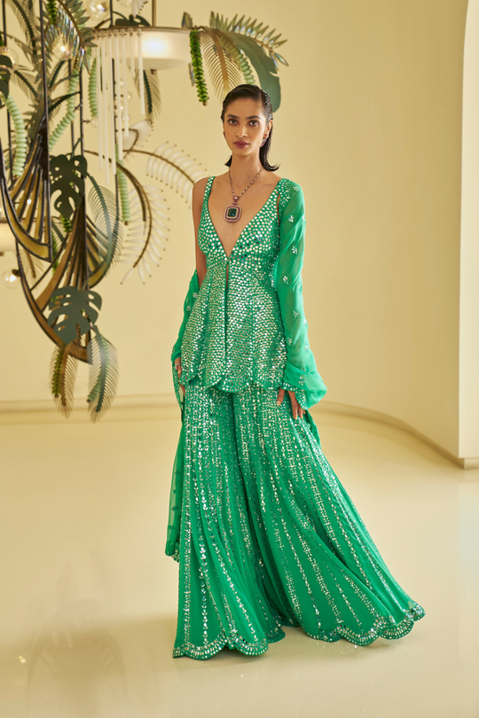 Seema Gujral - Green Mirror Work Sharara Set