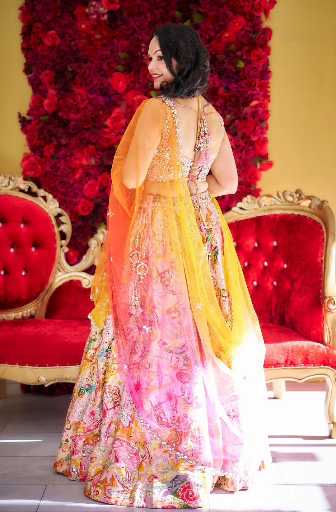 Tia – Sunrise Blossom Hand-Painted Lehenga