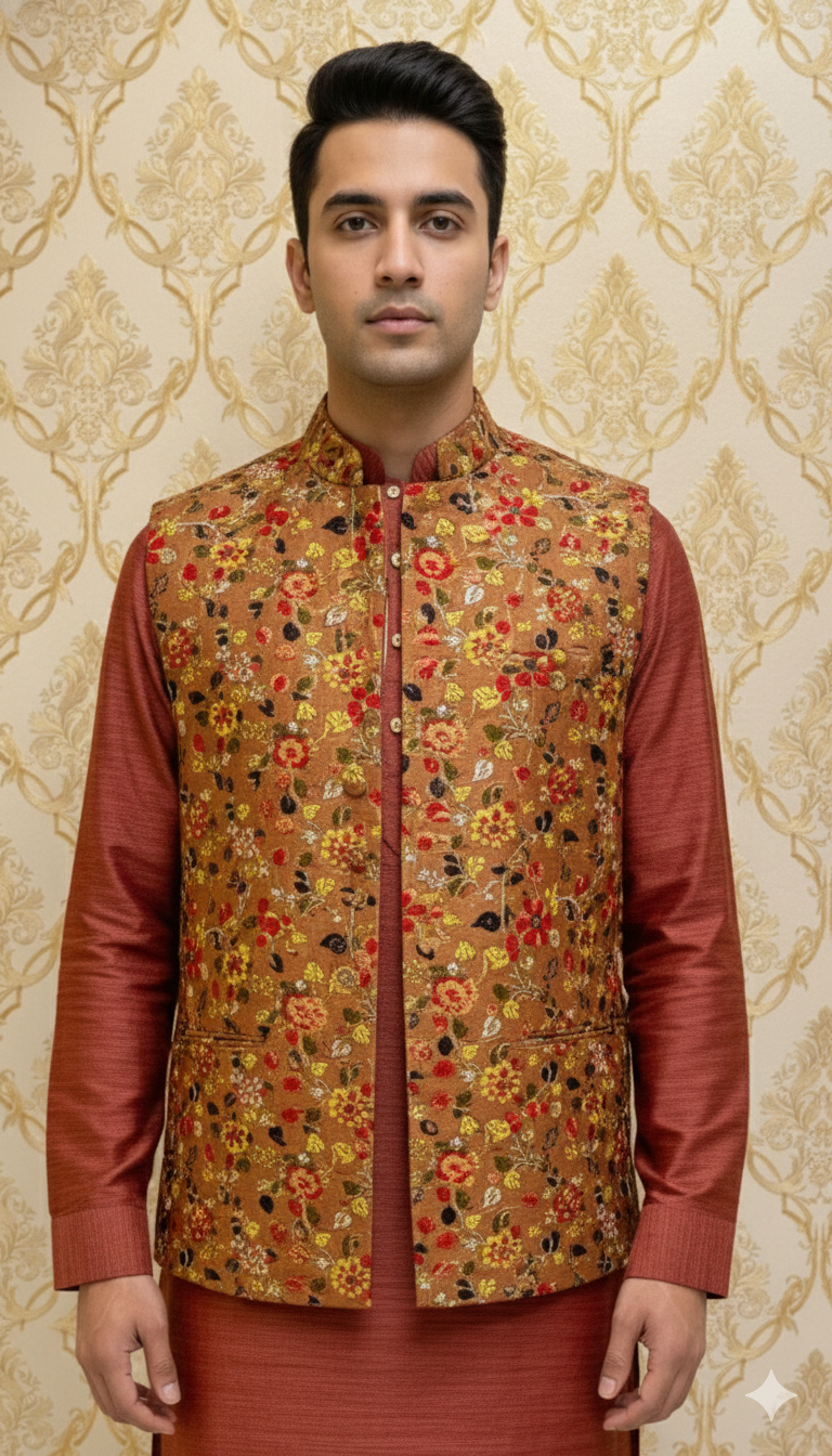 Rust Floral Sherwani With Jacket