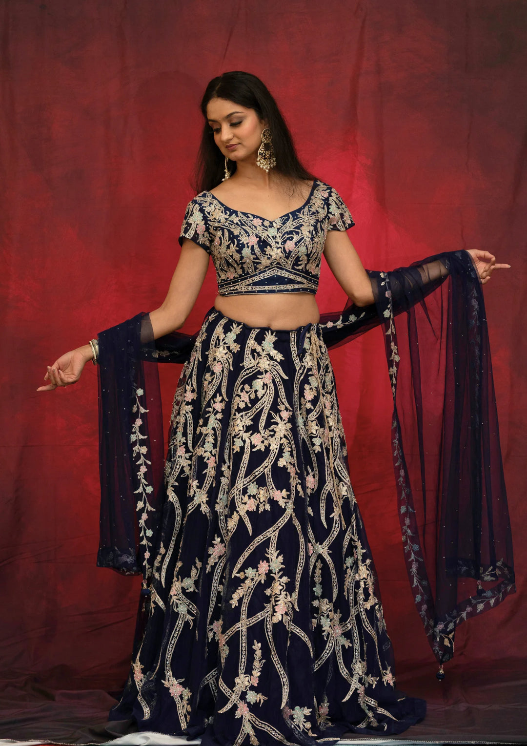 Ishika – Midnight Blossom Embroidered Lehenga