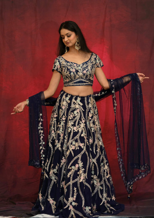 Ishika – Midnight Blossom Embroidered Lehenga