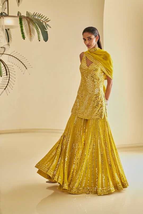 Seema Gujral - Yellow Mirror Work Sharara Set