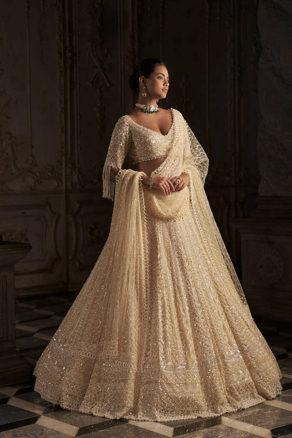 Seema Gujral - Cream Pearl Lehenga Set