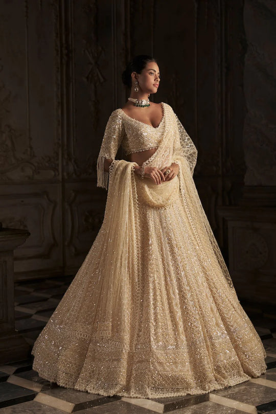 Seema Gujral - Cream Pearl Lehenga Set