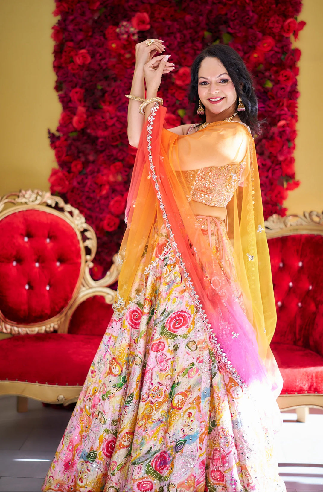 Tia – Sunrise Blossom Hand-Painted Lehenga