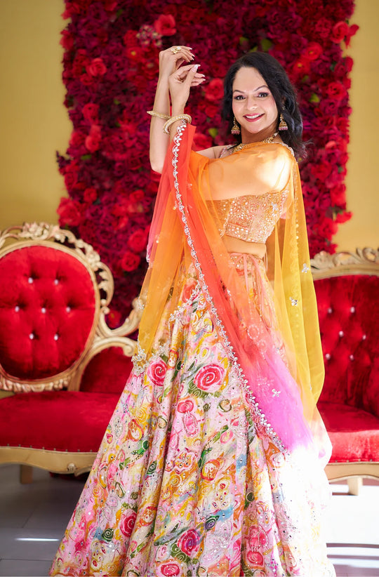 Tia – Sunrise Blossom Hand-Painted Lehenga