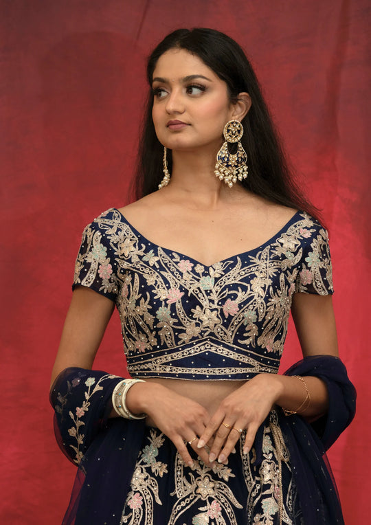 Ishika – Midnight Blossom Embroidered Lehenga