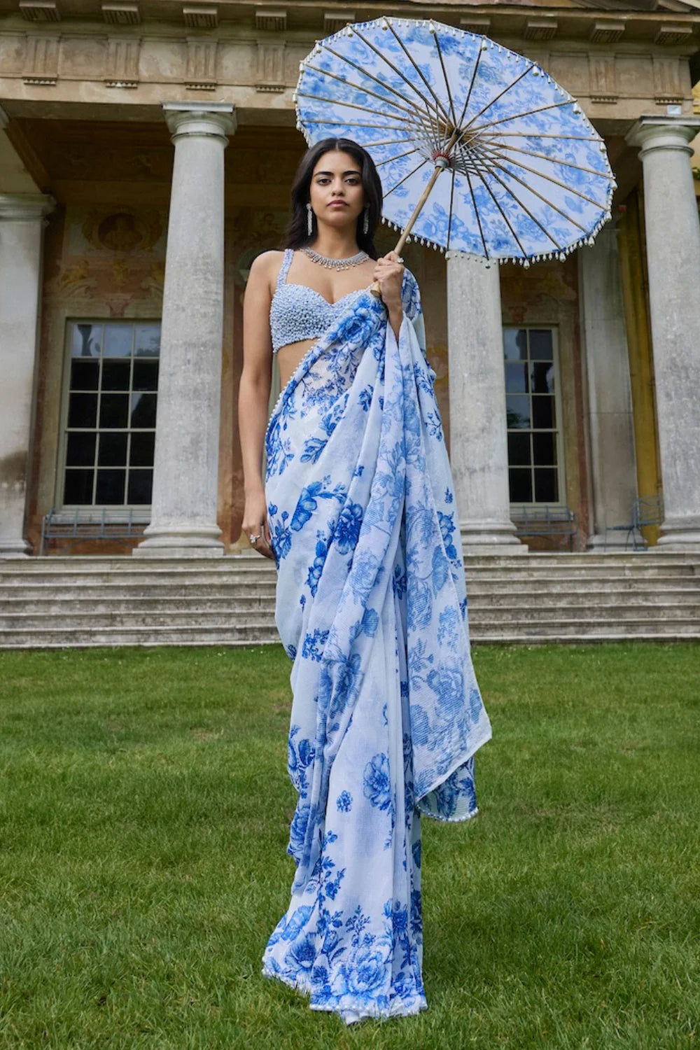 Seema Gujral - Ivory &amp; Blue Sequin Saree