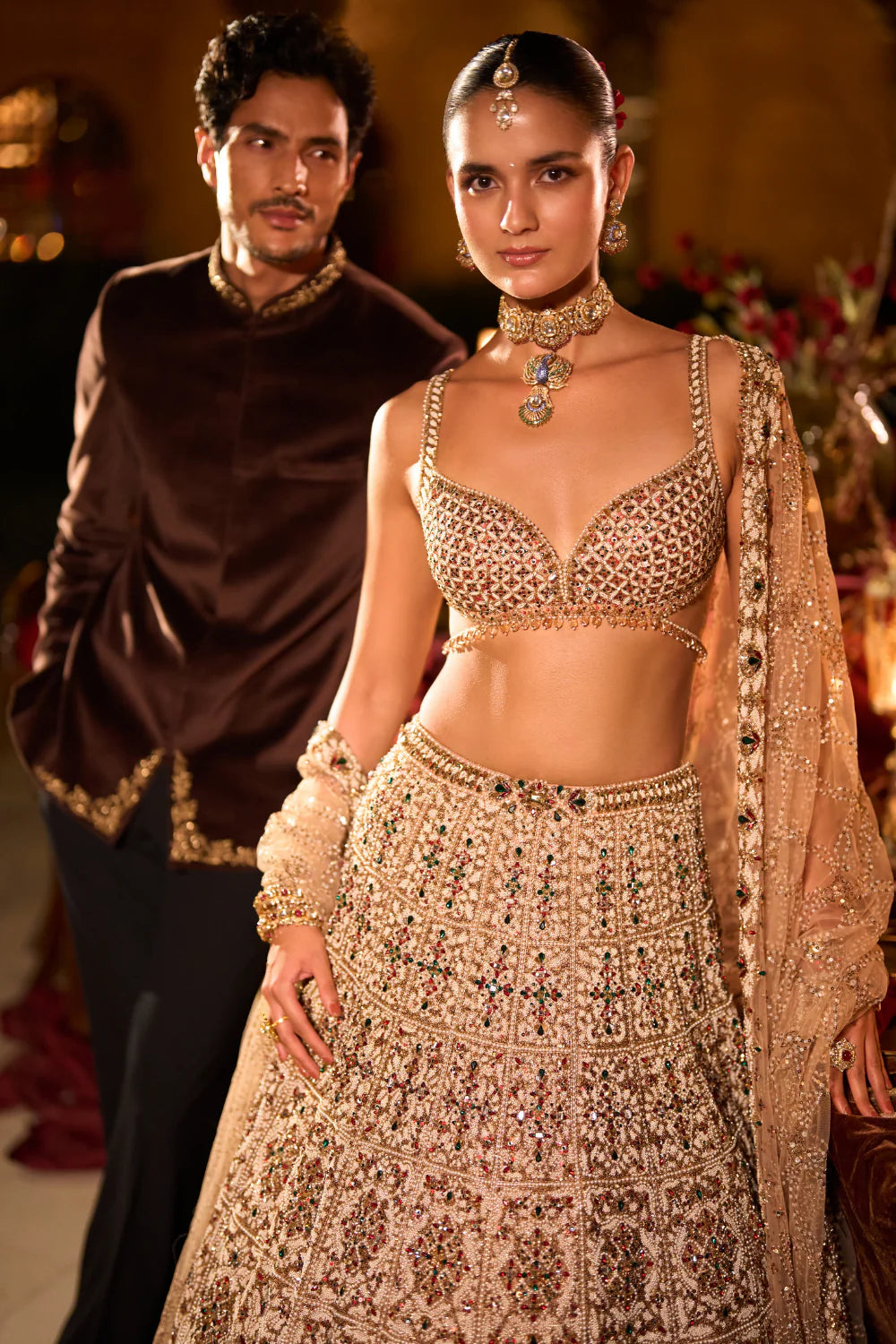 Seema Gujral - Ruby &amp; Emerald Pearl Lehenga Set
