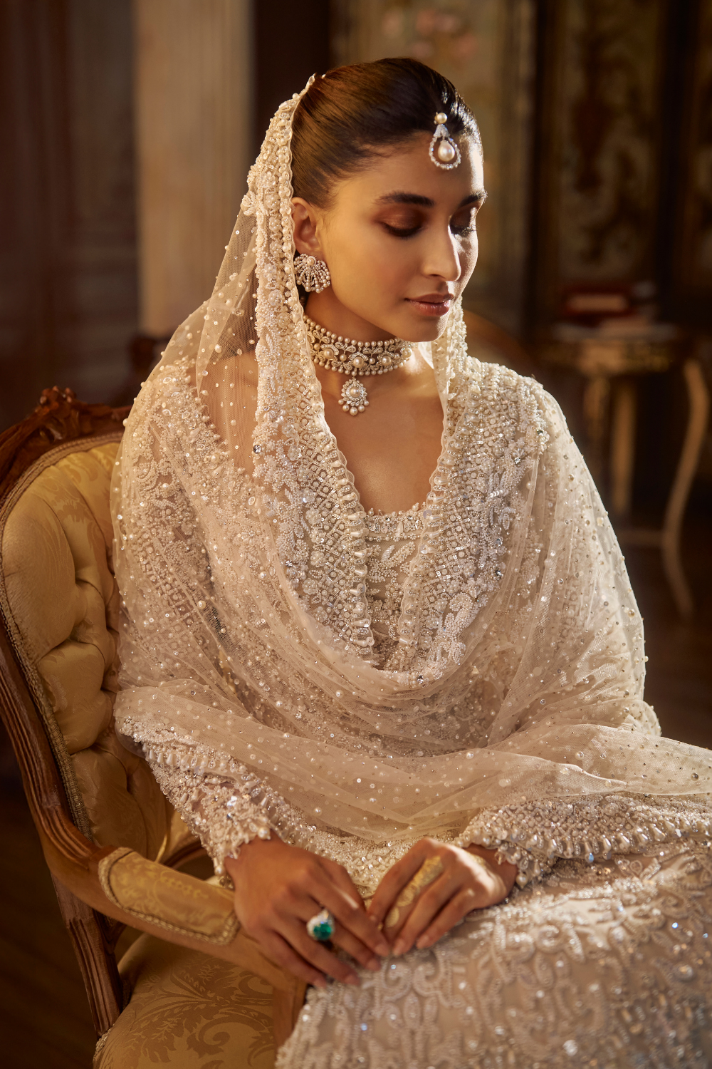 Seema Gujral - Vinatge Ivory Pearl Lehenga Set