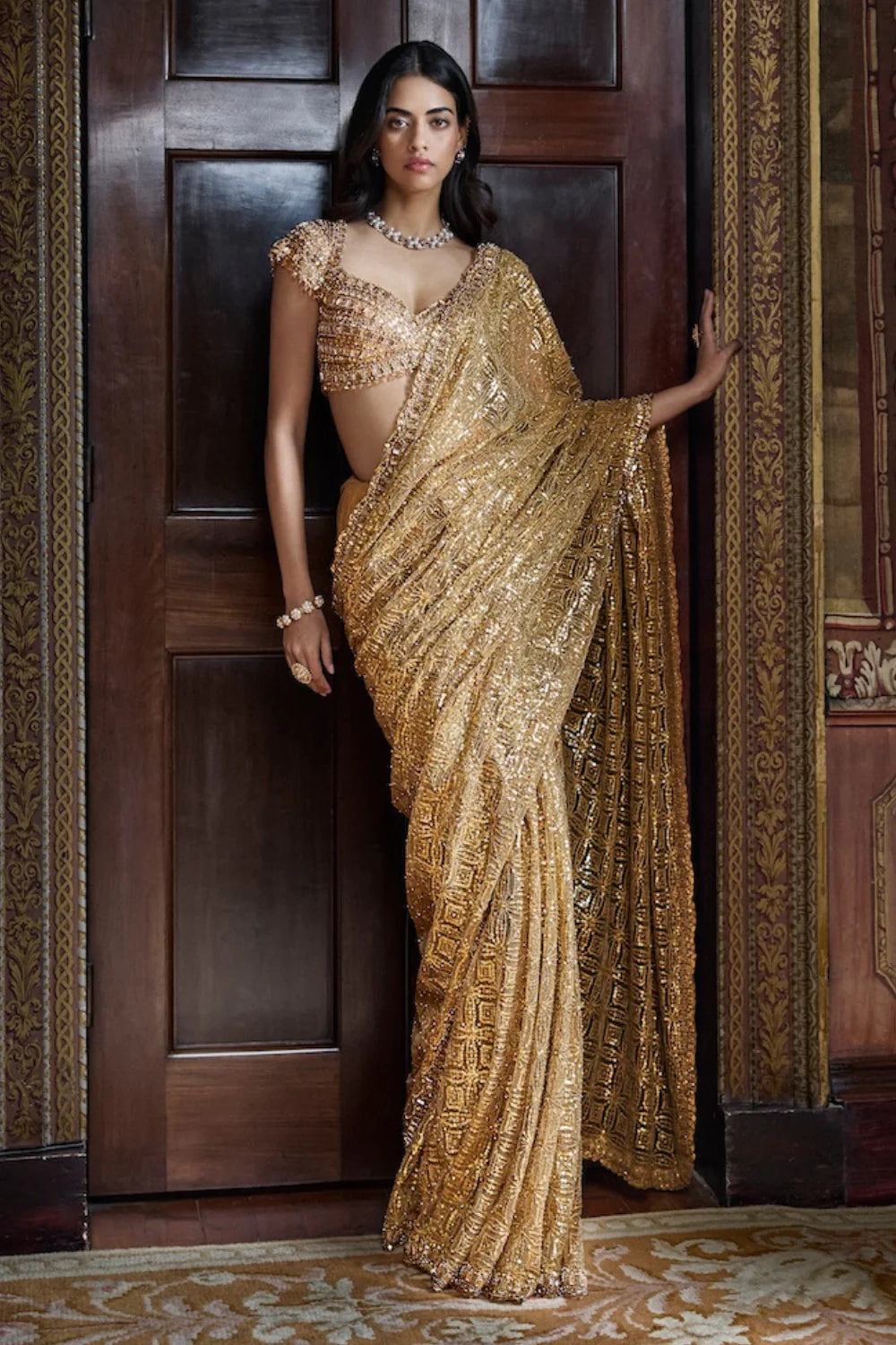 Seema Gujral - Antique Gold Crystal Saree