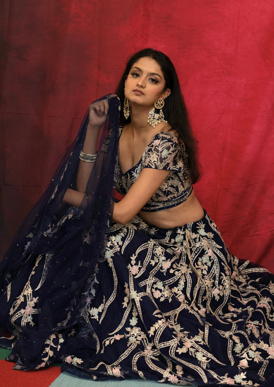 Ishika – Midnight Blossom Embroidered Lehenga