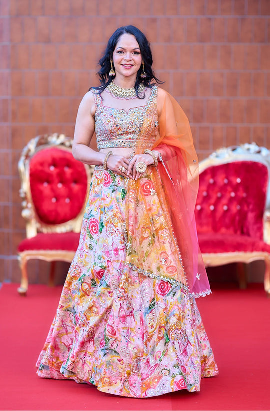 Tia – Sunrise Blossom Hand-Painted Lehenga