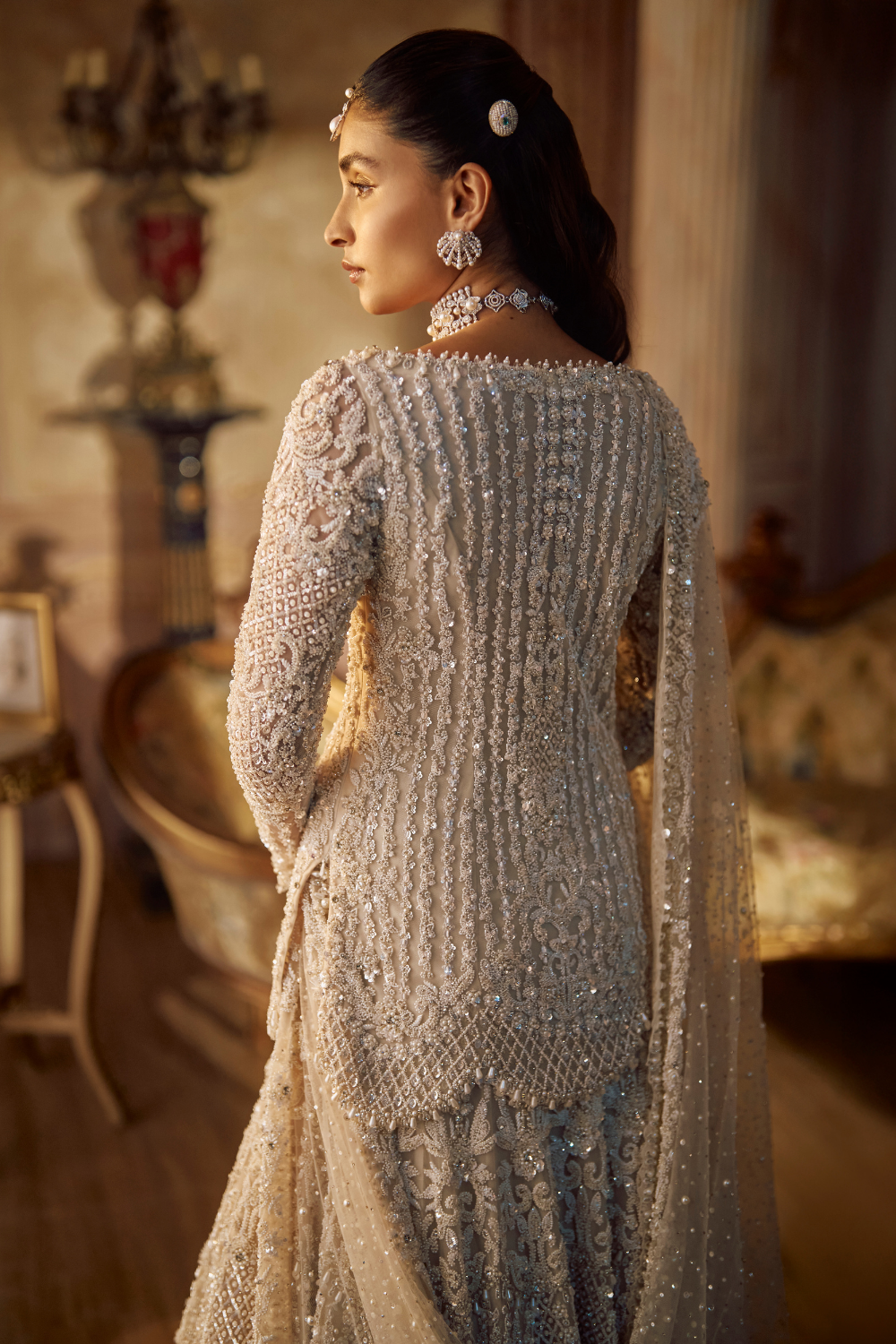 Seema Gujral - Vinatge Ivory Pearl Lehenga Set