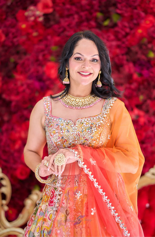 Tia – Sunrise Blossom Hand-Painted Lehenga