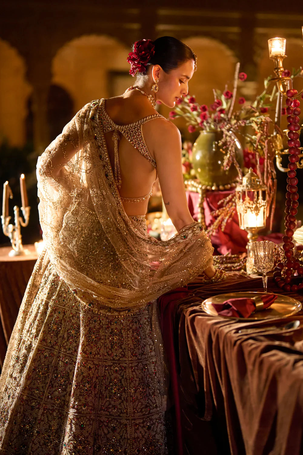 Seema Gujral - Ruby &amp; Emerald Pearl Lehenga Set