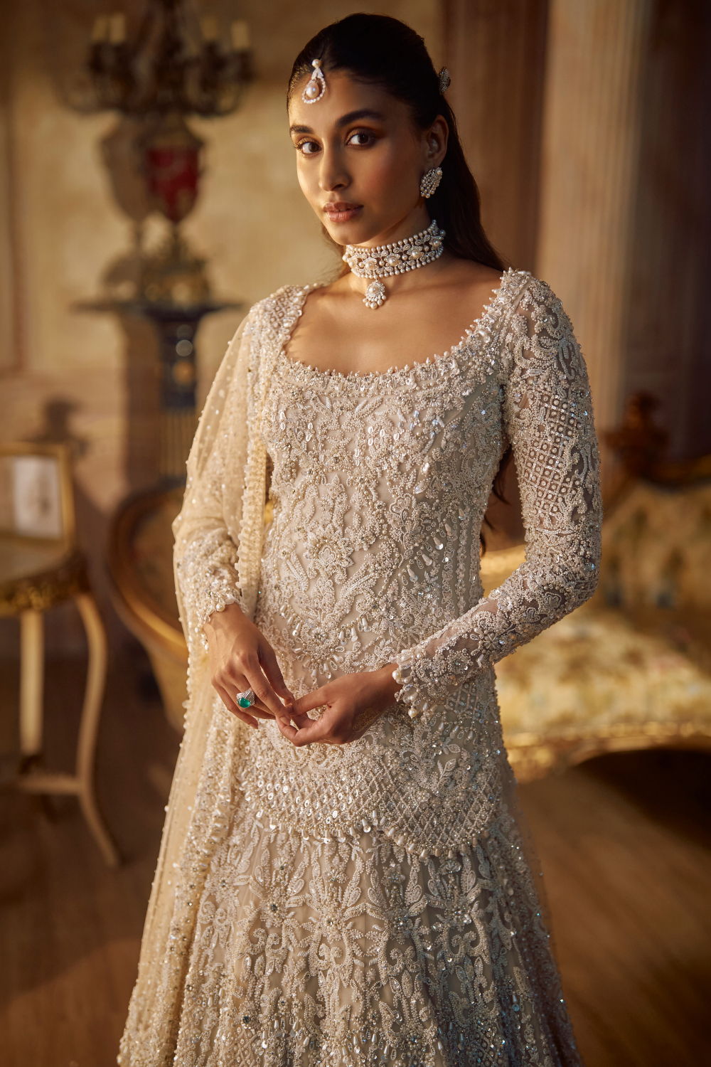 Seema Gujral - Vinatge Ivory Pearl Lehenga Set