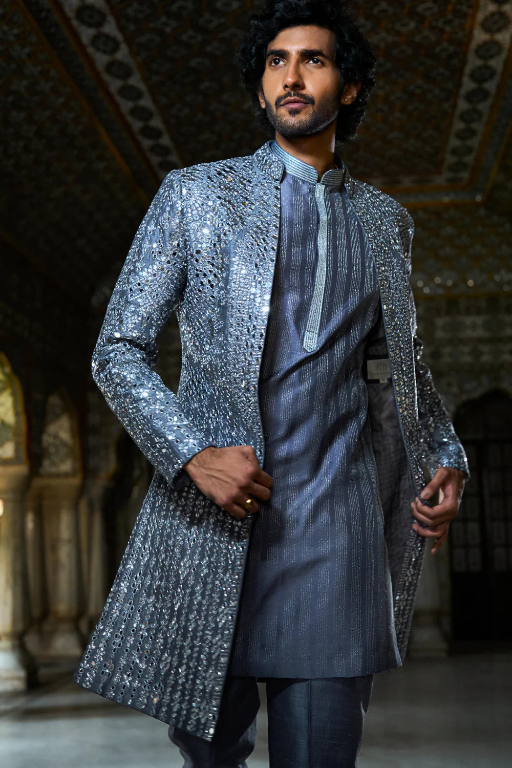 Seema Gujral - Steel Grey Mirror Work Open Jacket Set