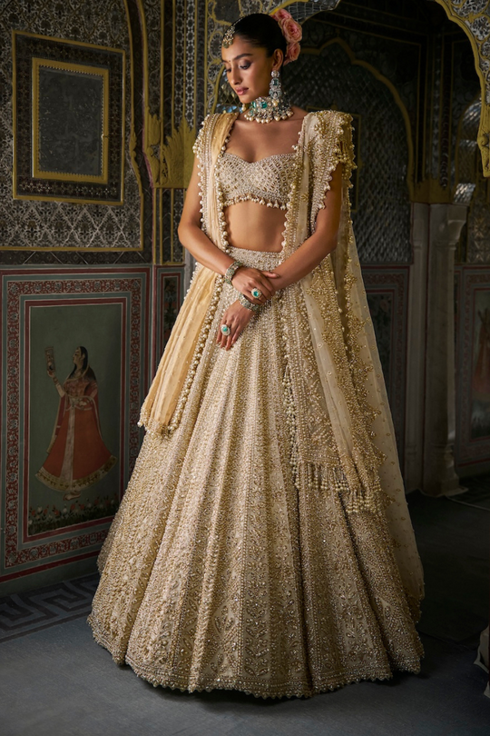 Seema Gujral - Ivory Gold Pearl Lehenga Set