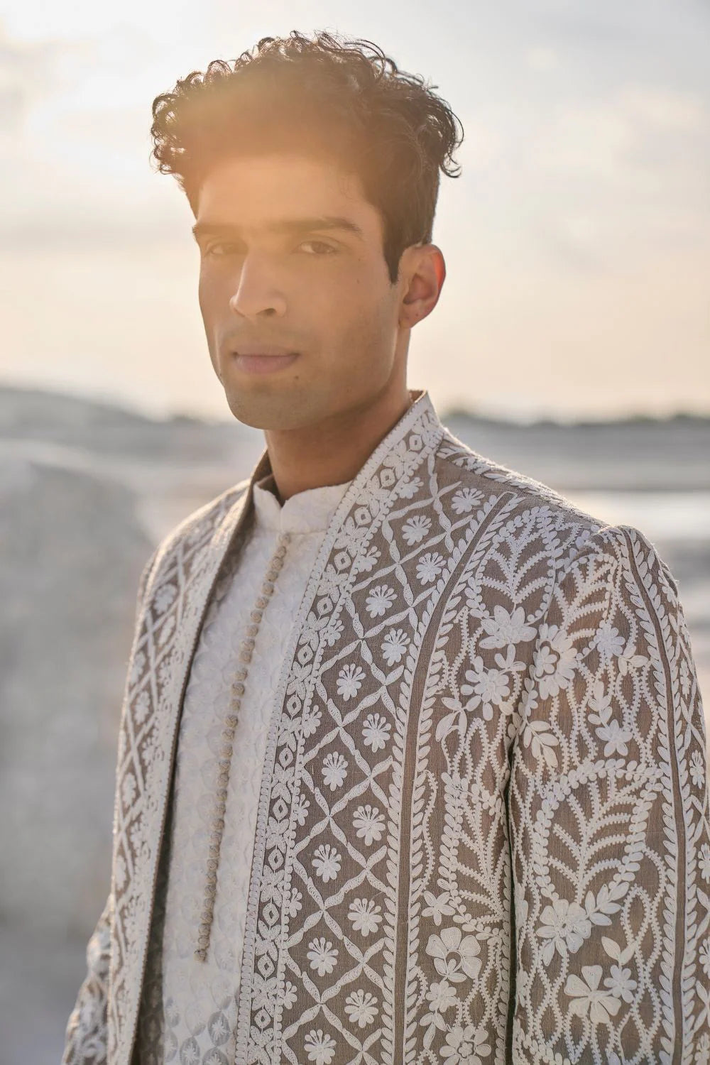 Seema Gujral - Ishaan Khatter in Nude Cream Open Sherwani Set