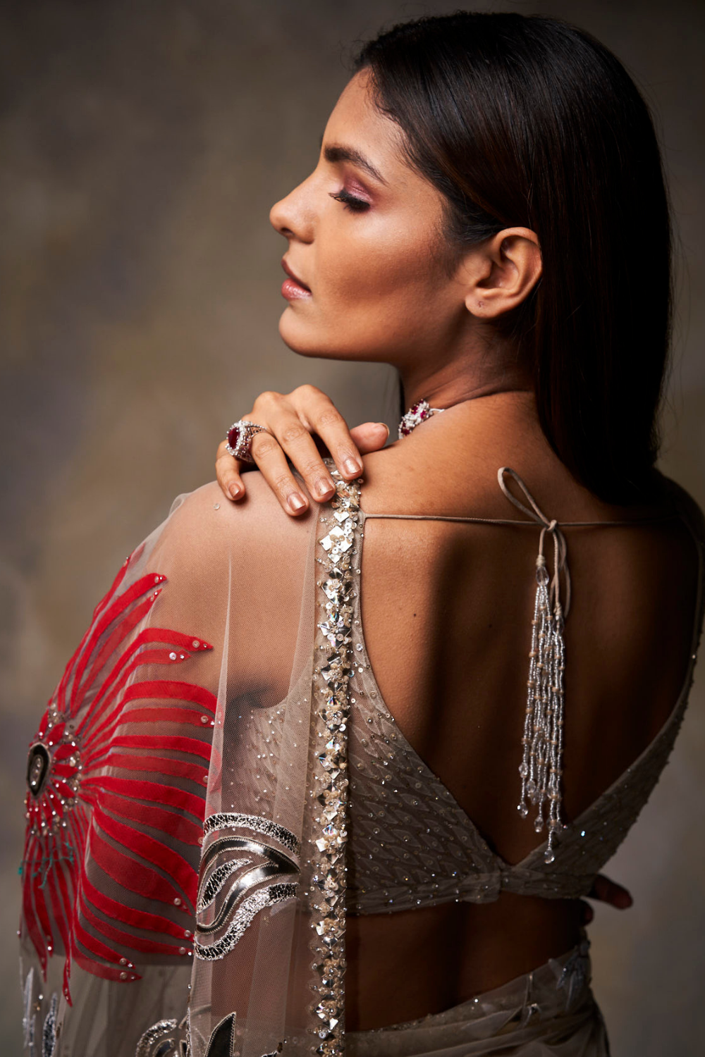 Seema Gujral - Nude Metallic Applique Saree