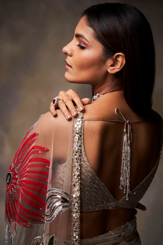 Seema Gujral - Nude Metallic Applique Saree