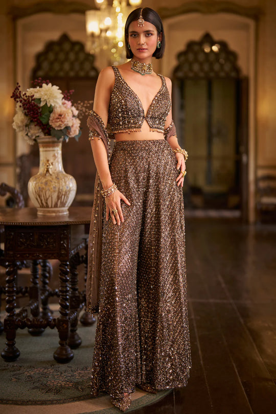 Seema Gujral - Brown Sequin Sharara Set