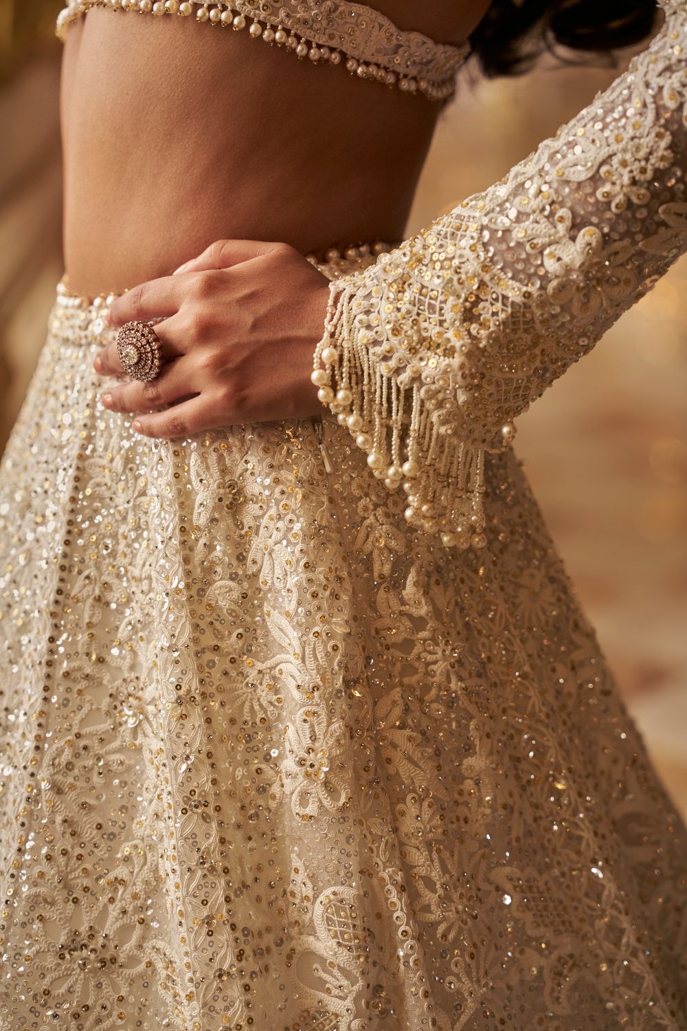 Seema Gujral - Ivory Gold Floral Lehenga Set