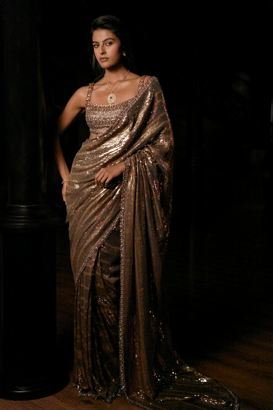 Seema Gujral - Antique Gold Sequin Georgette Saree