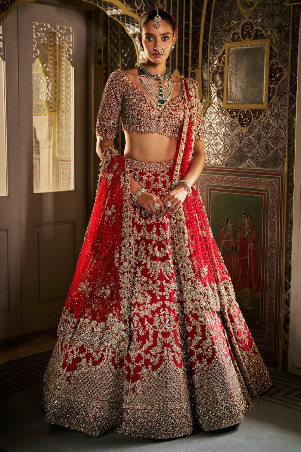 Seema Gujral - Red Crystal Zardosi Lehenga Set