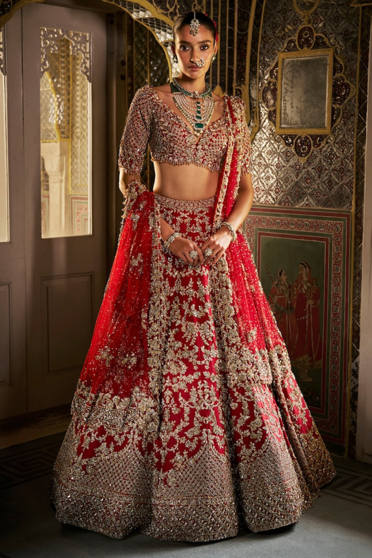 Seema Gujral - Red Crystal Zardosi Lehenga Set