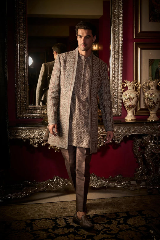 Seema Gujral - Ash Grey Open Jacket Set