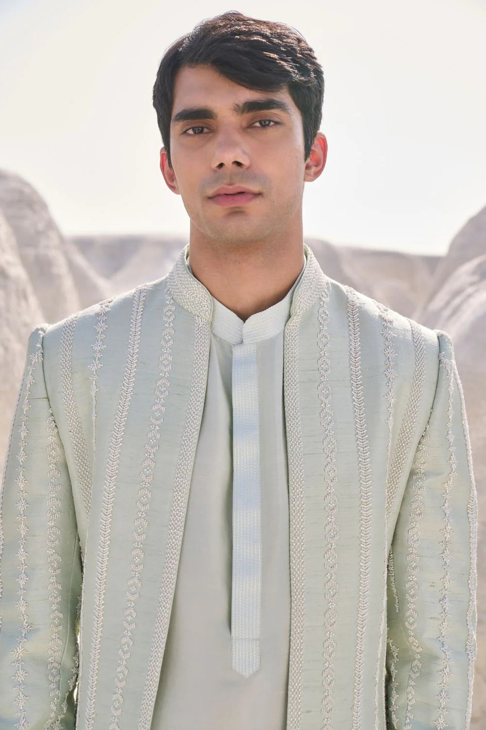 Seema Gujral - Sea Green Pearl Open Sherwani Set