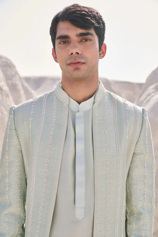Seema Gujral - Sea Green Pearl Open Sherwani Set