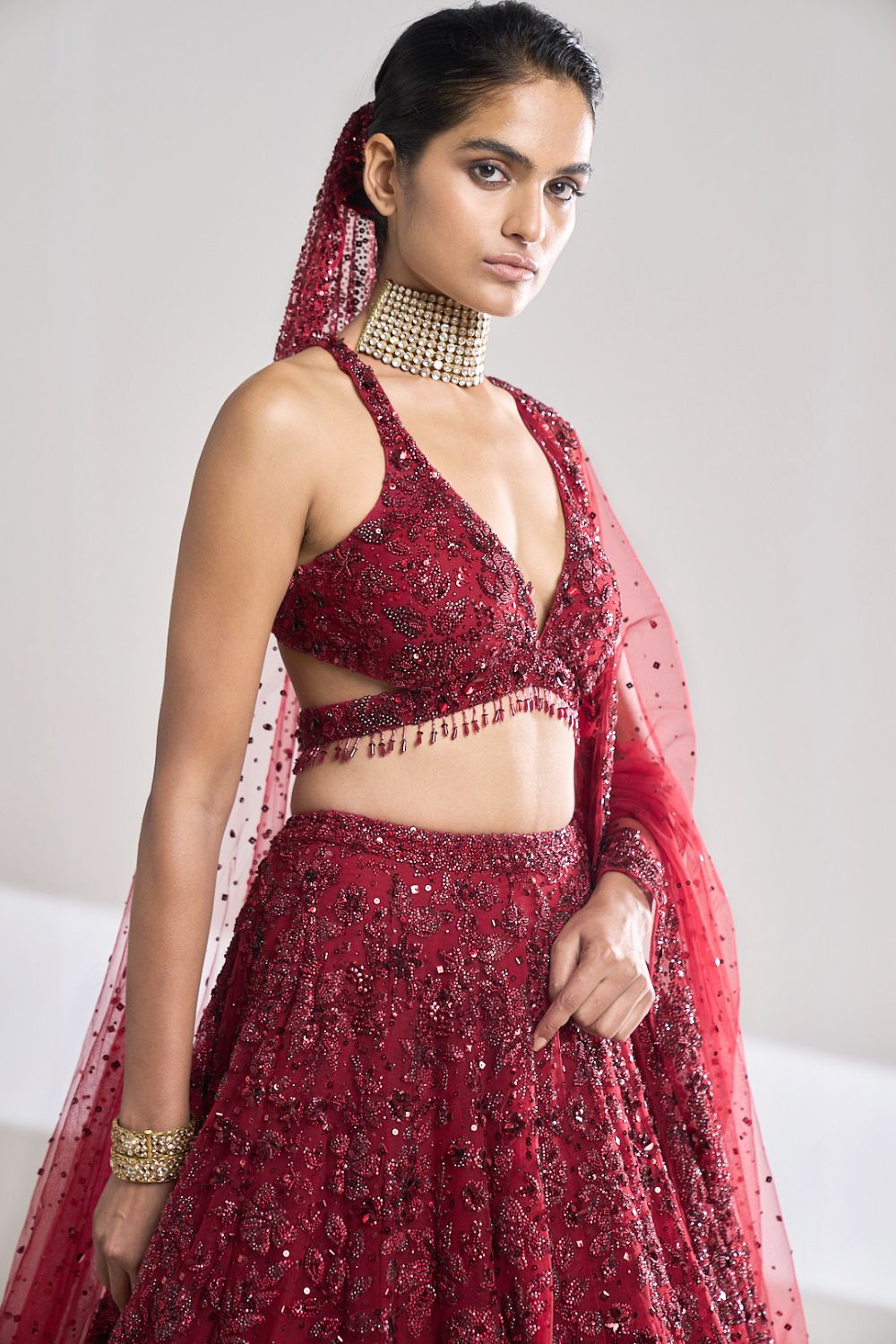 Seema Gujral - Maroon Sequin Lehenga Set