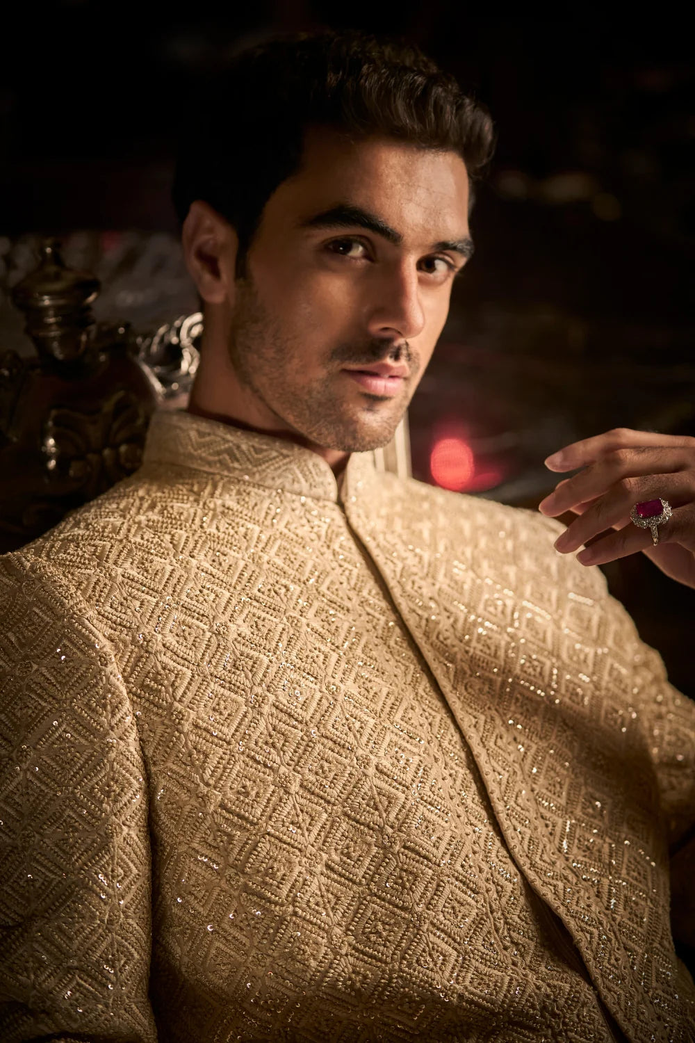 Seema Gujral - Nude Thread Sequin Work Sequin Sherwani Set