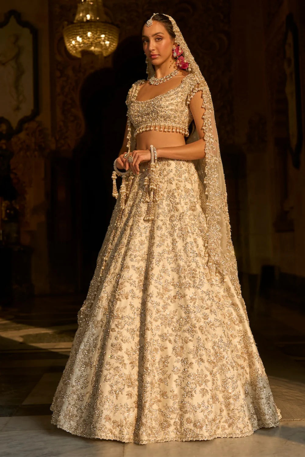 Seema Gujral - Ivory Gold Floral Zardosi Lehenga Set