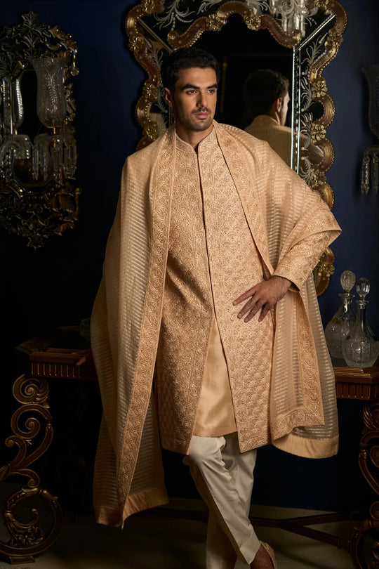 Seema Gujral - Peach Thread Sequin Sherwani Set