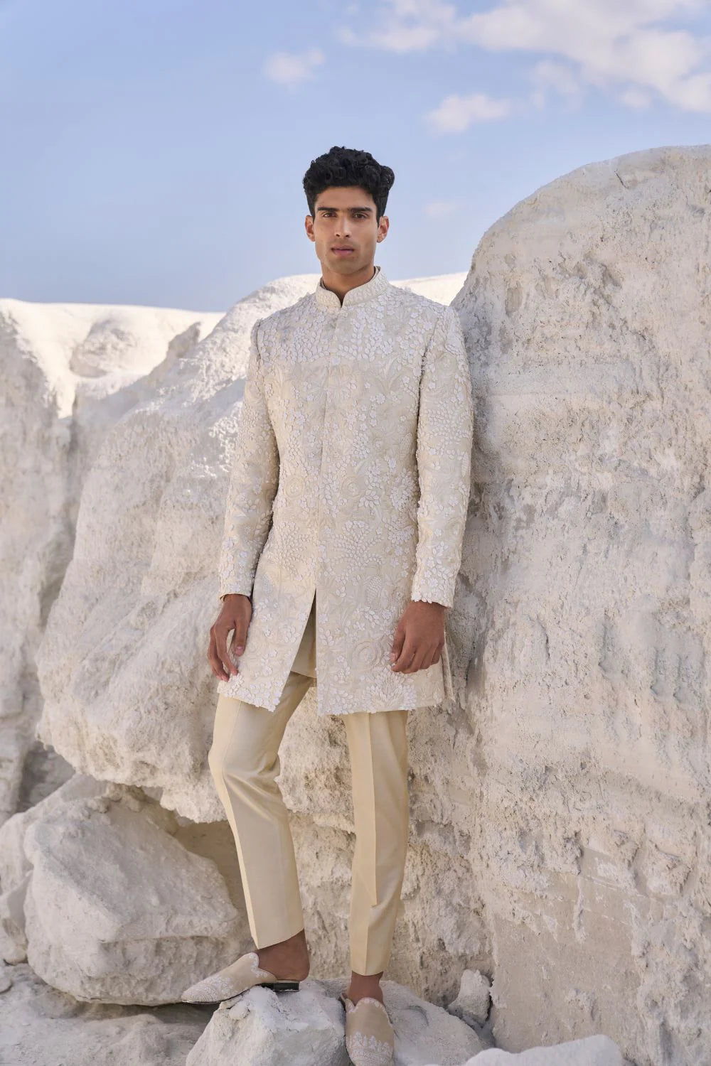 Seema Gujral - Cream Three Dimensional Floral Sherwani Set